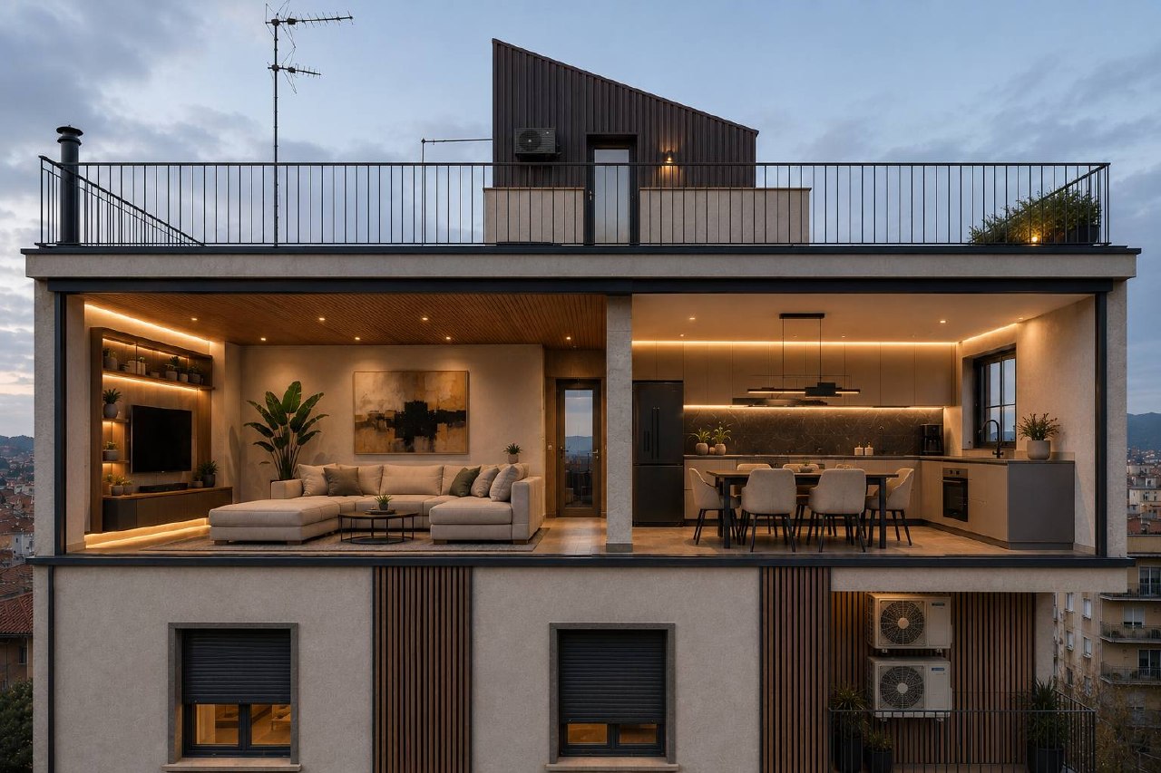 Visualización de reforma premium con vivienda abierta e iluminación cálida